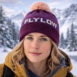 Flylow OG Pom Beanie Elderberry Unisex OSFM Striped Knit Winter Hat NWT